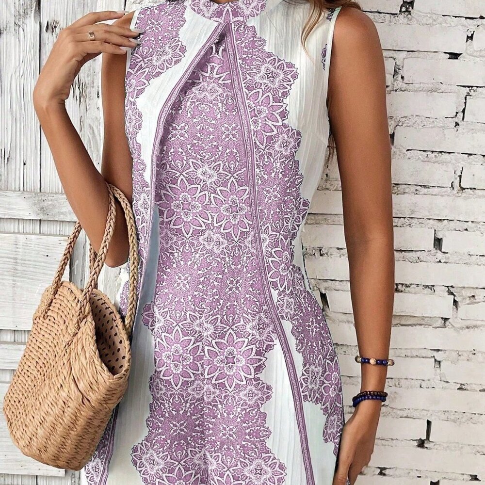 Mauve Purple Boho Women's Floral Print Sleeveless Jumpsuit Romper